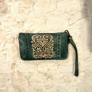 Blue leather wristlet wallet